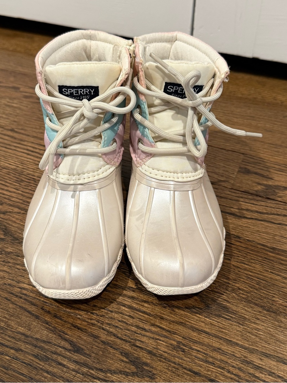 Sperry Kids Cream Duck Boots with Pink and Blue Accents